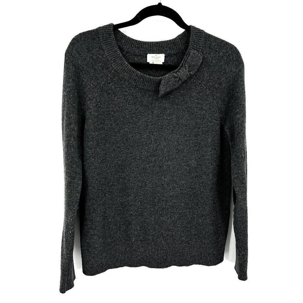 KATE SPADE *Flawed* Grey Wool Sheep Skin Leather Elbow Pad Bow Sweater Medium